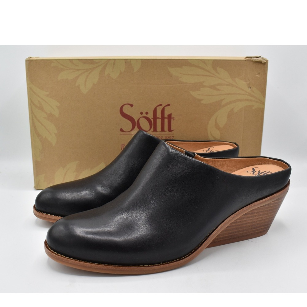 Sofft Women Size 11 Nicki Black Leather Wedge Mules Shoes Goth Whimsey BOHO